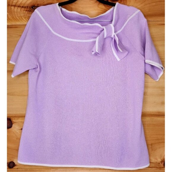 Designer Originals Purple White Trim Short Sleeve Knit Top Sweater Bow Large - Picture 5 of 16